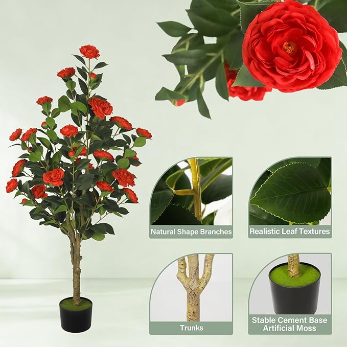 2-Pack 4FT Artificial Camellia Tree,Realistic Fake Potted Plants with Flowers&Planters,Indoor/Outdoor Faux Flowering Trees for Home,Office,Porch,Wedding,and Housewarming Gift Decor,Red