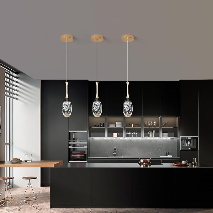 Modern Black Gold Pendant Light Dimmable LED Ceiling Light Fixtures Mini Teardrop Crystal Pendant Lighting for Kitchen Island Bedroom Hallway Entryway (3-Pack， Champagne Gold)