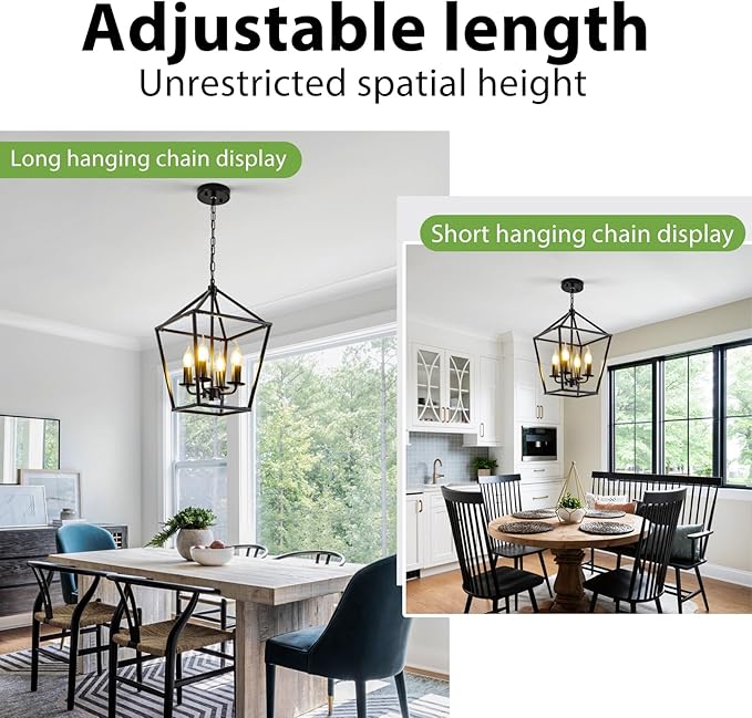 Black Farmhouse Chandelier, Industrial 4 Light Pendant Light Fixtures, Rustic Metal Lantern Ceiling Hanging Light for Entryway, Foyer, Kitchen Island, Dining Room, Hallway, Bedroom