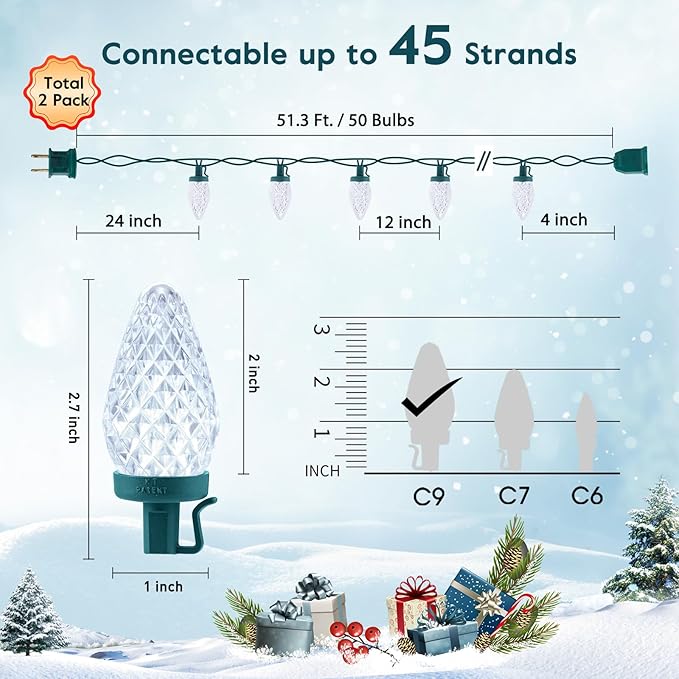 2PACK C9 LED Christmas Lights with 100 Spring Clips, Total 100ft 100 LED Waterproof Strawberry String Lights, Commercial Grade Extendable Perfect for Roofline Patio House Xmas Decor, Pure White