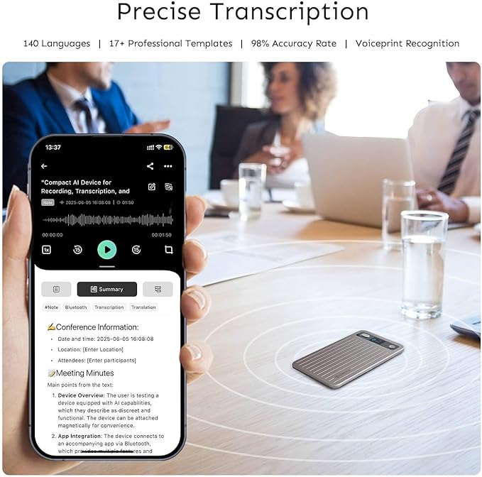 AI Voice Recorder with App Control : AI Transcription, Summarization & Mind Maps, Portable AI Note Taking Device with Case 64GB Memory Recording for Calls, Speeches, Meetings, Interviews-Titanium Gray