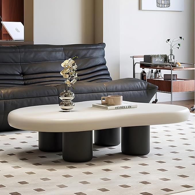 48 Inch Cloud Coffee Table, Modern Coffee Table for Living Room, Large Wood Coffee Side Table with Irregular Tabletop and 4 Sturdy Legs for Home Office Bedroom, White and Black