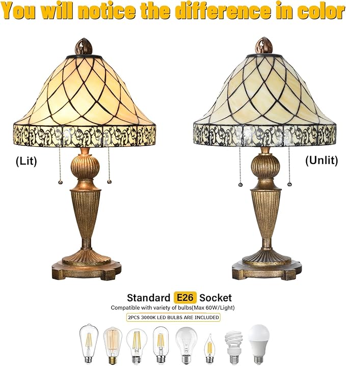 TL0028 Tiffany Table Lamp Stained Glass Lampshade Beige-Like Color with Geometric Pattern, Warm Glow & Elegant Design, Antique Finished Lamp Base, W 14 X H 24 Inches, LED Bulb Included