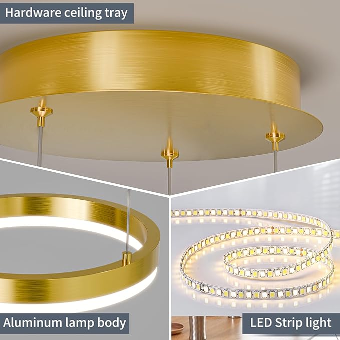 Gold LED Modern Chandelier, 3-Ring Pendant Light Fixture, Dimmable 3000K-6500K, Adjustable Hanging Ceiling Light Over Table for Dining Room, Kitchen Island, Living Room, Bedroom, Entryway