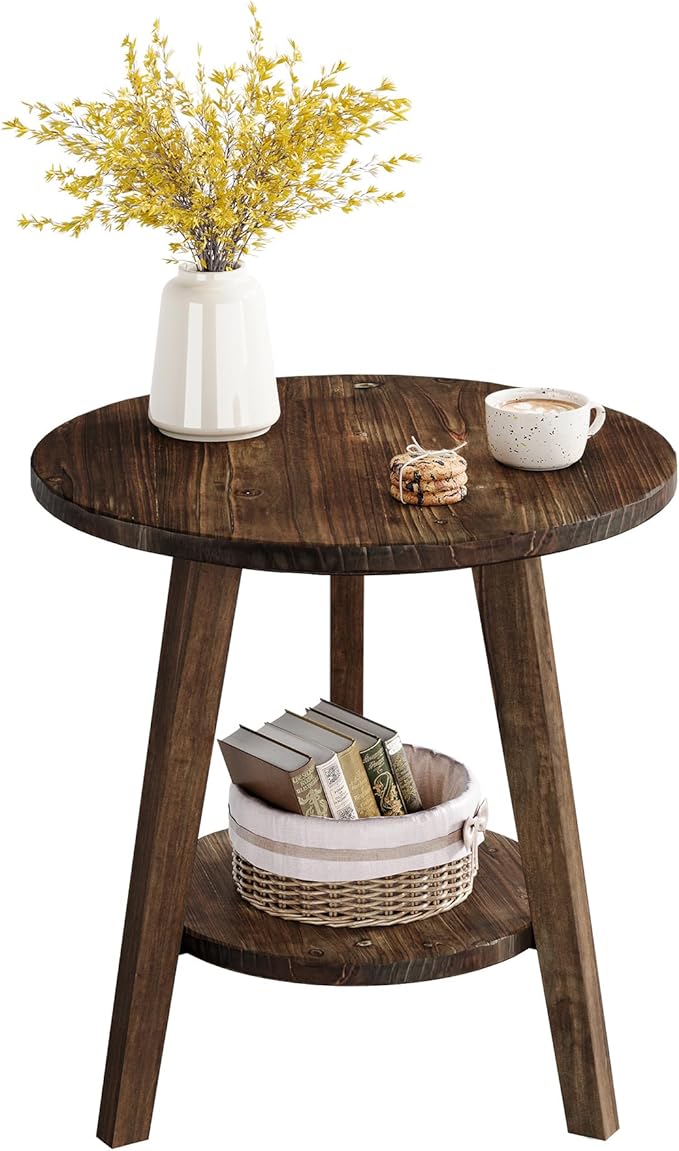 Solid Wood Round End Table, Sofa Side Table with Storage Shelf, Farmhouse Nightstand for Living Room, Bedroom, Easy Assembly (Dark Brown, 1 PC)