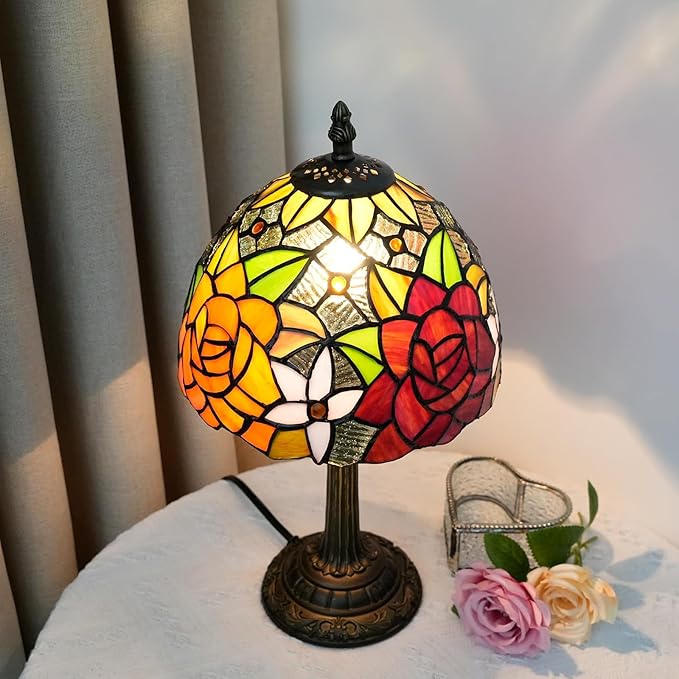 Tiffany Lamp - Rose Flower Stained Glass Table Lamp 8x8x14 Inches - Rose Flower Style Desk Reading Light - Bedroom & Living Room Decor