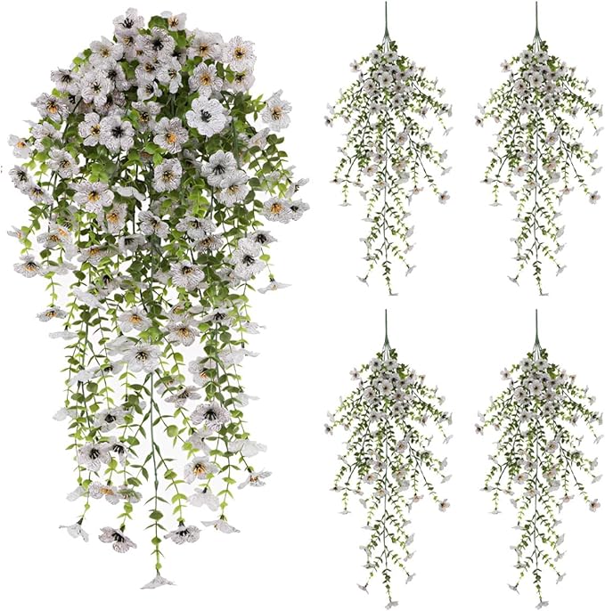 EROCK Artificial Flowers for Outdoors, 4PCS Fake Silk Hanging Flowers for Decoration UV & Fading Resistant, Realistic Faux Plants & Flowers for Porch Patio Balcony Window Box Home Decor (White)