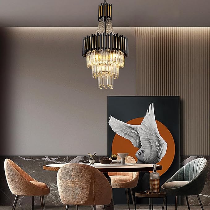 Crystal Chandelier Light 15.8" 7-Light K9 Crystal Pendant Lighting 3-Tier Black Gold Luxury Hanging Light Fixture for Dining Room Living Room Kitchen Bedroom Stairway