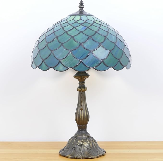 Tiffany Lamp Stained Glass Table Lamp Antique Bedside Reading Light W12H19 Inches (Fishscale Style)
