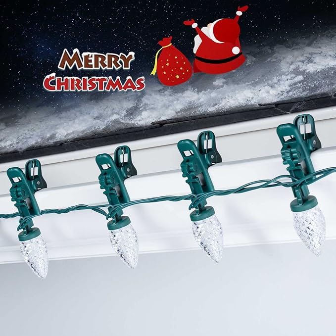 2PACK C9 LED Christmas Lights with 100 Spring Clips, Total 100ft 100 LED Waterproof Strawberry String Lights, Commercial Grade Extendable Perfect for Roofline Patio House Xmas Decor, Pure White