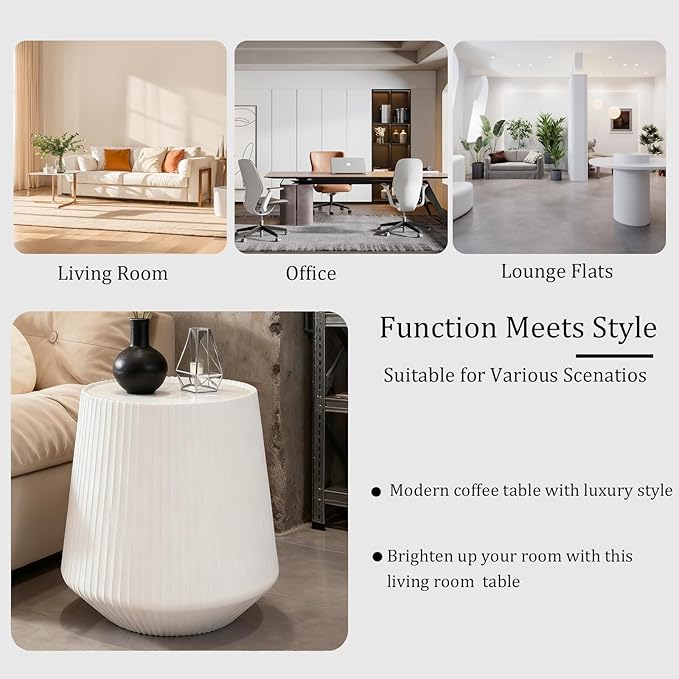Round Living Room Table Set, 26.77" Grey Drum Center Table and 19.68" White Coffee Table Set, 2 Pieces Coffee Table Set with Sintered Stone Tabletop, Fluted PU Leather Covered and StableBase
