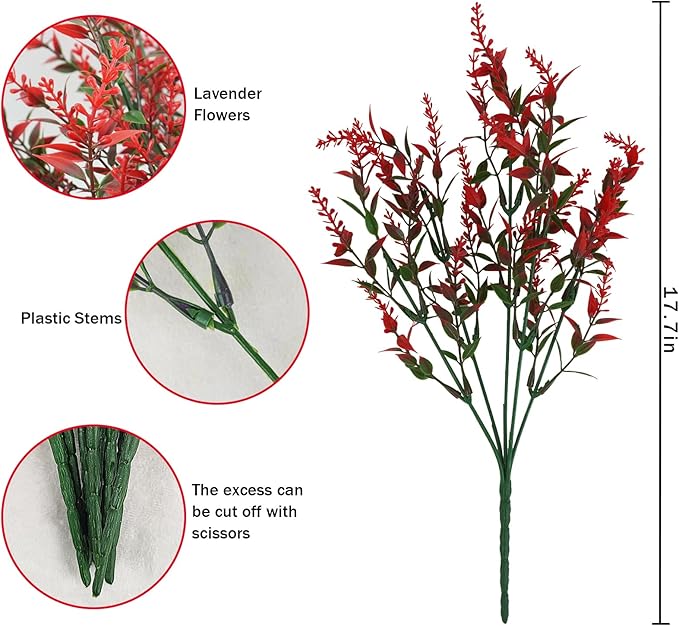 42 Pcs Fake Lavender Flowers Outdoor UV Resistant Faux Plastic Lavender Flowers No Fade Artificial Lavender Purple Plants for Outside Garden Porch Window Box Hanging Planter Decor (Red)