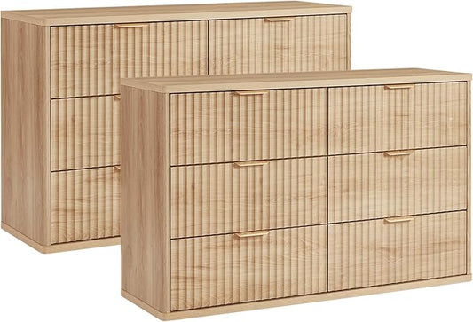 LEYAOYAO Fluted 6 Drawers Dresser Set of 2, 48" Wide Modern Chest of Drawers with Wood Grain Top, Curved Profile Design, Dresser TV Stand, Wooden Drawer Organizer for Bedroom, Living Room,Natural