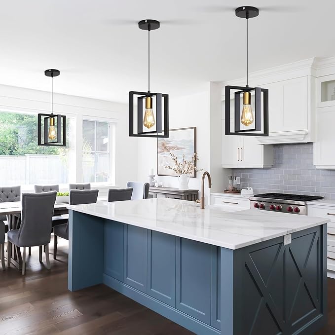 3 Pack Black Industrial Farmhouse Pendant Light, Vintage Metal Rustic Hanging Light, Adjustable Height Kitchen Island Pendant Lights Fixture, Mini Ceiling Lamp for Entryway, Dining Room, Foyer