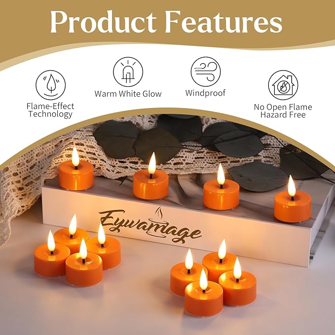 Eywamage Orange LED Tealights with Remote Batteries, Flickering Flameless Tea Votive Candles Christmas Decor Gift Set of 12