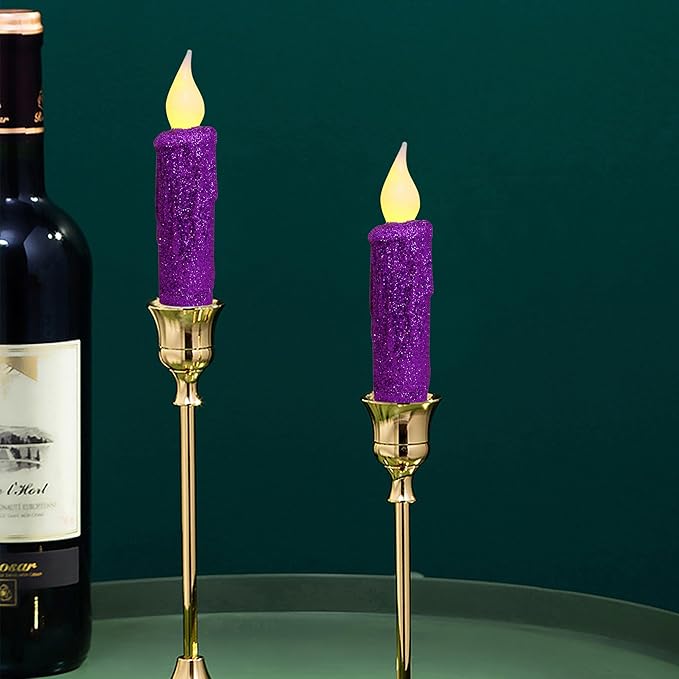 CVHOMEDECO. Glitter Flameless Candles Flickering Battery Operated LED Taper Candles with Timer for Home, Wedding, Halloween, Christmas Decor. Purple, 4-3/4 Inch, Set of 2