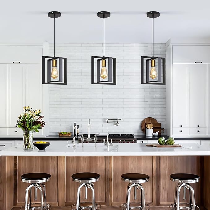 Black Industrial Farmhouse Pendant Light, Vintage Metal Rustic Hanging Light, Adjustable Height Kitchen Island Pendant Lights Fixture, Mini Ceiling Lamp for Entryway, Dining Room, Foyer