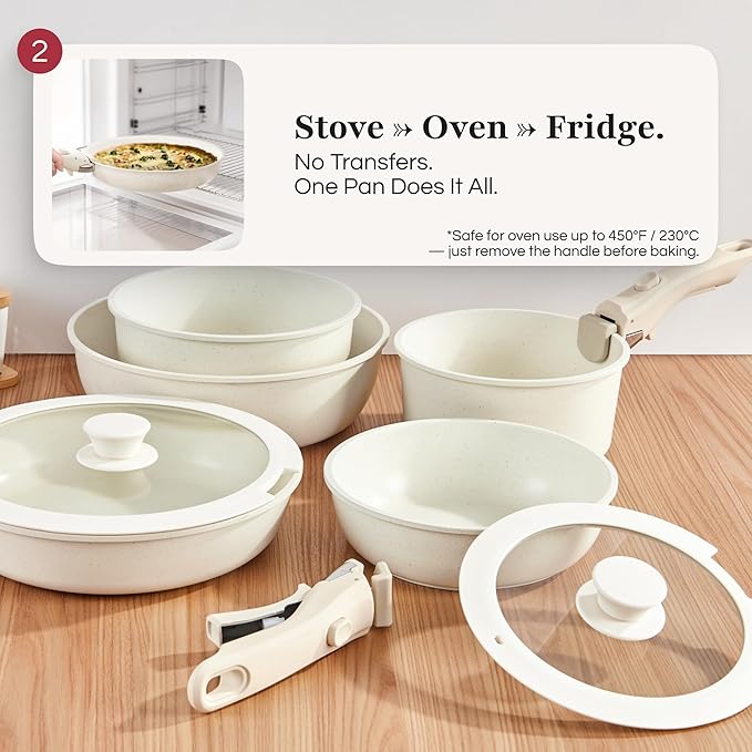 GOURMETIFIC® Pots and Pans Cookware Set [11 PIECES] - Non Toxic Ceramic Coated Cooking Ware - Induction, Gas & Oven Kitchenware - Non Stick Pot & Pan with Removable Handles & Stackable (Mint Green)