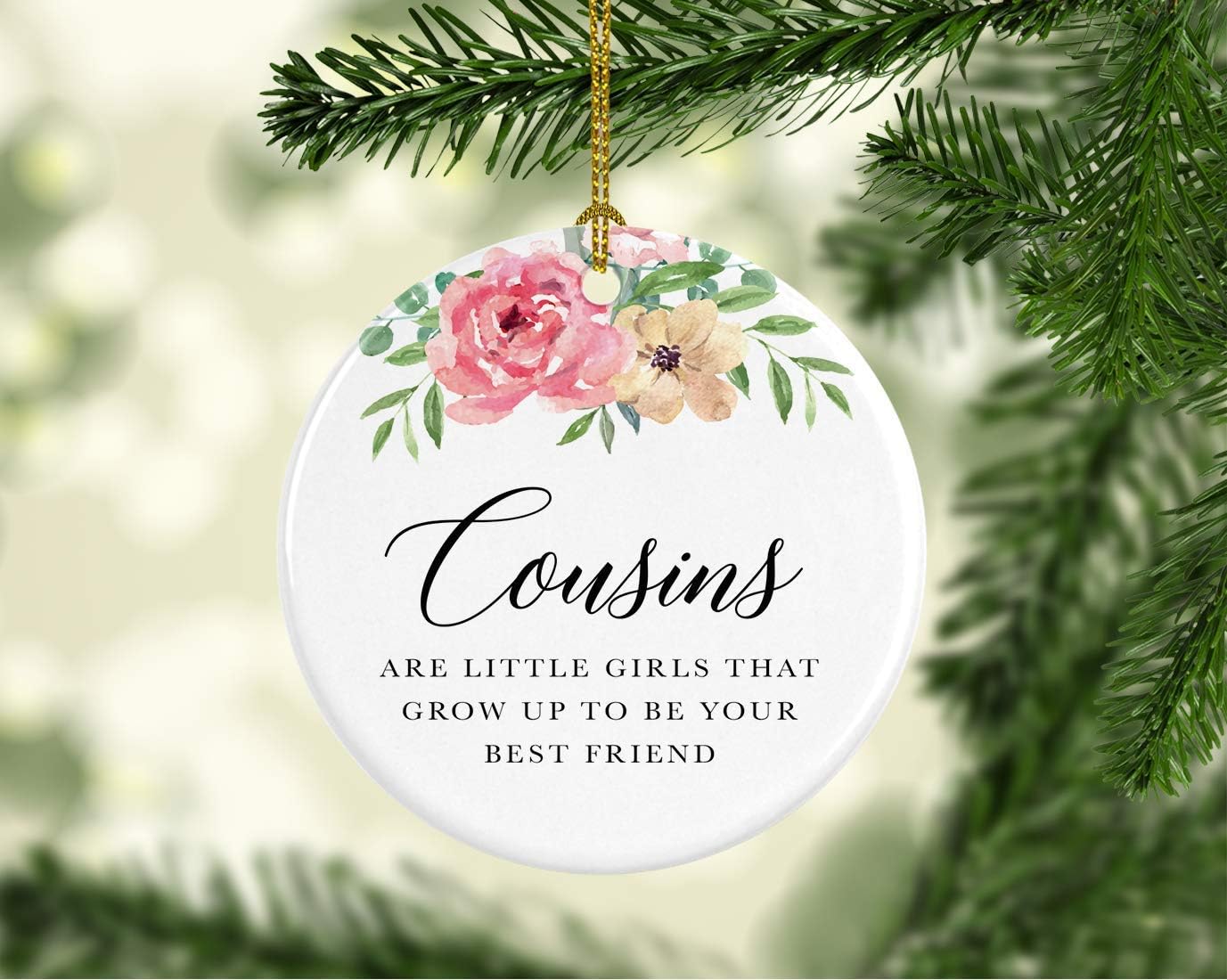 Andaz Press Round Ceramic Porcelain Christmas Tree Ornament Keepsake Gift for Cousins, Cousins are Little Girls That Grow Up to Be Best Friends, 1-Pack