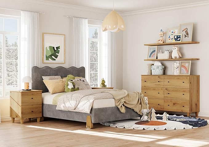 WAMPAT Nightstands with Charging Station & 2 Drawers for Bedroom, Modern End Tables Farmhouse Wood Bedside Table with 2 AC Outlets & USB Ports for Living Room, Oak Brown