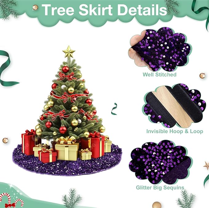 Purple Sequin Tree Skirt 48 Inches Sparkly Christmas Tree Skirts Velvet Halloween Tree Skirt Large Santa Tree Skirts Xmas Tree Base Cover Royal Purple Tree Cover for Christmas Party Decor
