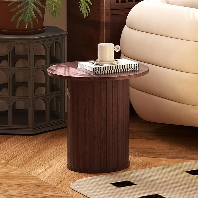 COSVALVE Round Wood Fluted End Table, 15.7“ Circle Farmhouse Side Table Sets for Living Room, Bedroom, Balcony, Small Spaces, Walnut