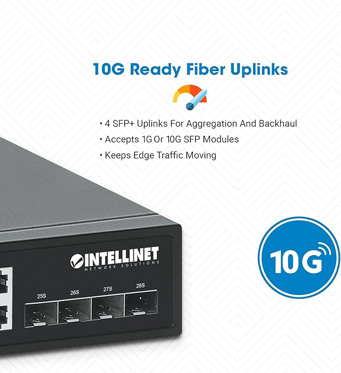 Intellinet 24-Port Unmanaged PoE+ Gigabit Ethernet Switch - 370W Power Budget, 4 x 10 Gbps SFP+ Ports, Rackmount / Desktop, Autosensing Ports, Sturdy Metal - 3 Yr Mf Warranty - 561761