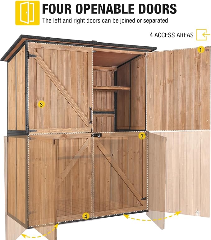 Aivituvin Storage Shed Outdoor Storage Cabinet Upgraded with All Arounded Metal Frame, Wooden Floor and Adjustable Shevels 55" L x 29" W x 67" H, Brown