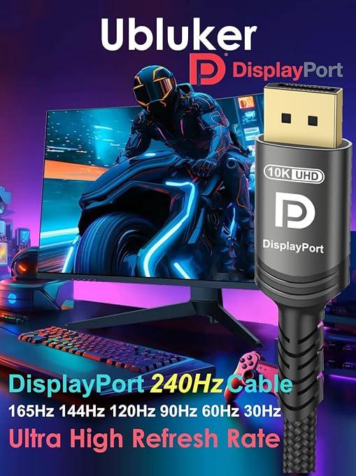 10K 8K DisplayPort 2.1 Cable 54Gbps 16.4 FT, Certified DP to DP Cord 4K 240Hz 165Hz 144Hz 120Hz 10K 8K 120Hz Nylon Braided UHBR HDCP2.3 FreeSync G-Sync RTX5090 Gaming Monitor PC Projector