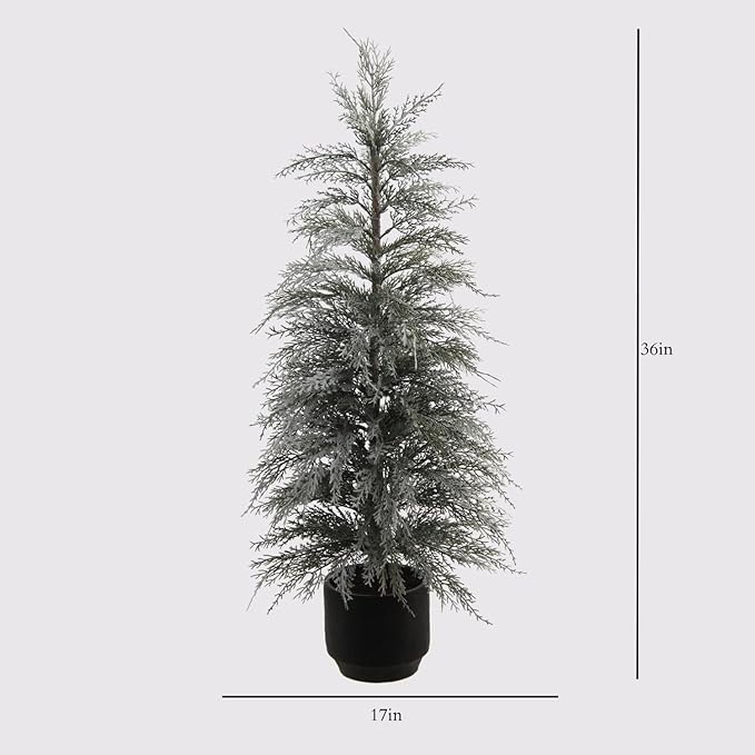 CG Hunter Holiday Collection, Set-of-1 Faux Flocked Cedar Tree, Premium Artificial Indoor Flocked Cedar Tree Stands 36" Tall in Pot–Perfect Christmas Decoration