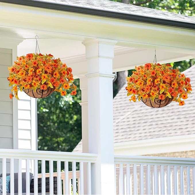 4PCS Artificial Fall Fake Flowers Plants for Outdoor Decoration No Fade Faux Petunias UV Resistant Realistic Autumn Silk Flowers for Home Garden Balcony Yard Porch Deco (Orange Yellow)