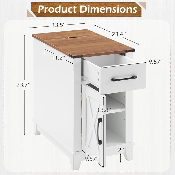 EROMMY Farmhouse End Table with Charging Station, Narrow Side Table for Living Room, Nightstand with Drawer and Storage Cabinet, Adjustable Shelf, White