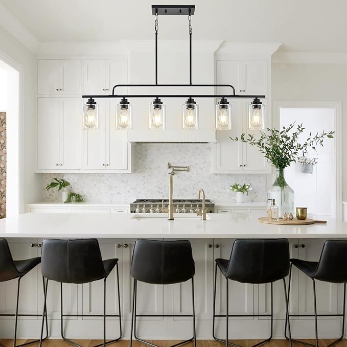Dining Room Light Fixture - Black 6-Light Farmhouse Chandelier Kitchen Island Lights Fixtures Modern Linear Chandeliers Hanging Pendant Lighting Over Table for Dining Room