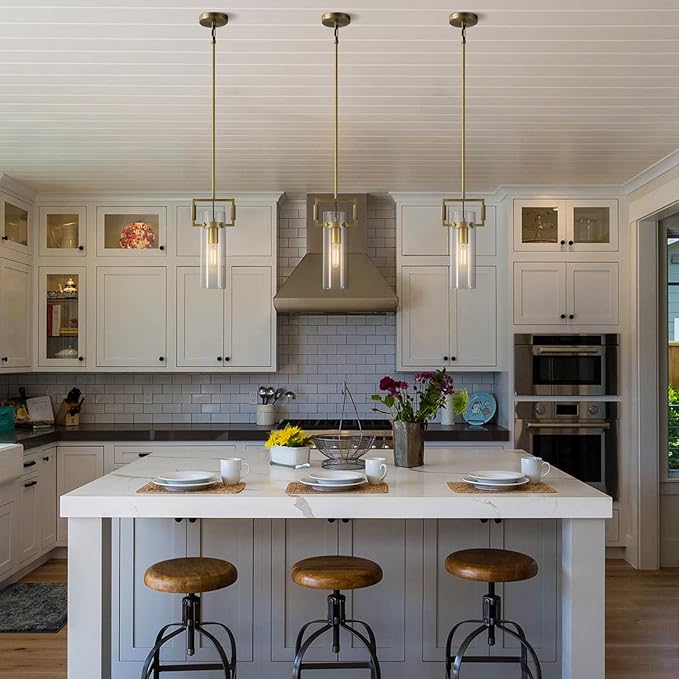 Brass Pendant Lights Kitchen Island, Modern Gold Pendant Lights,12Inch Glass Kitchen Pendant Lighting Over Island,Farmhouse Island Lights for Kitchen,Bathroom,Bedroom
