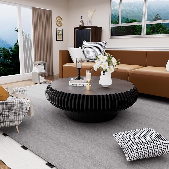 39.3" Drum Coffee Table Modern Unique Fluted Tea Table Contemporary Wood Round Coffee Table with Fluted Centry Table for Living Room Walnut (39.3" Black)