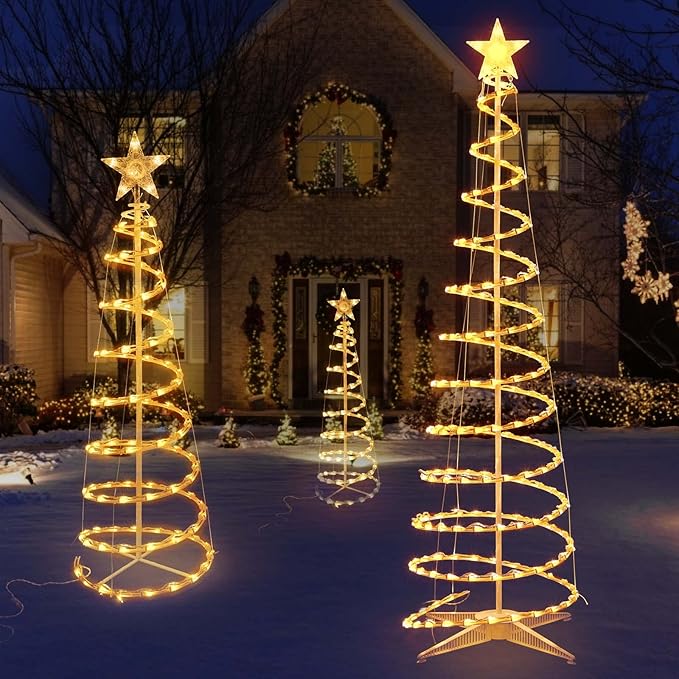 Set of 3 Spiral Outdoor Lighted Christmas Tree, 3/4/6 Feet Christmas Lights with 7" Star Topper, UL Certification Collapsible Spiraling Tree Light Kit for Xmas Patio Wedding Decoration, Warm White