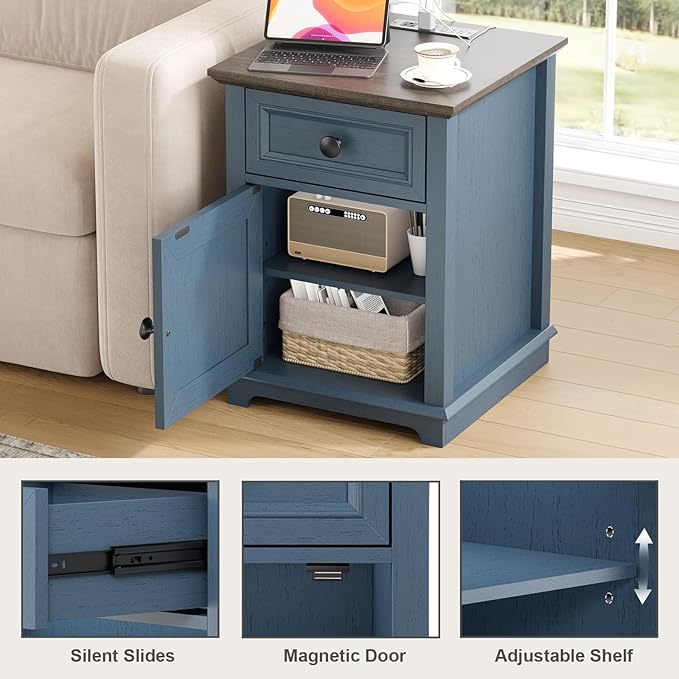 End Tables with Fast-Charge Sets, Side Tables with Drawers, Storage Side Tables Living Room, Adjustable Shelf, Bedroom Nightstands Set of 2, Blue