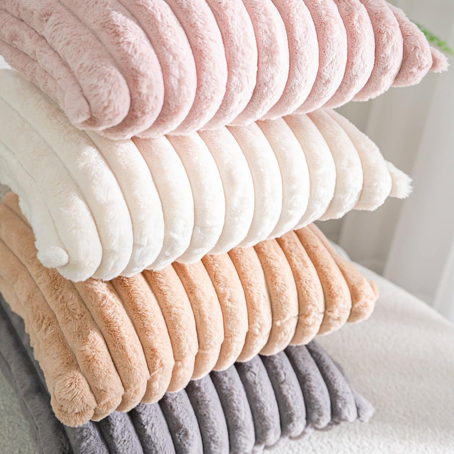 DEELAND Pack of 2 Faux Fur Plush Decorative Throw Pillow Covers Fuzzy Striped Soft Pillowcase Cushion Covers for Sofa Couch Bedroom 20x20 inch