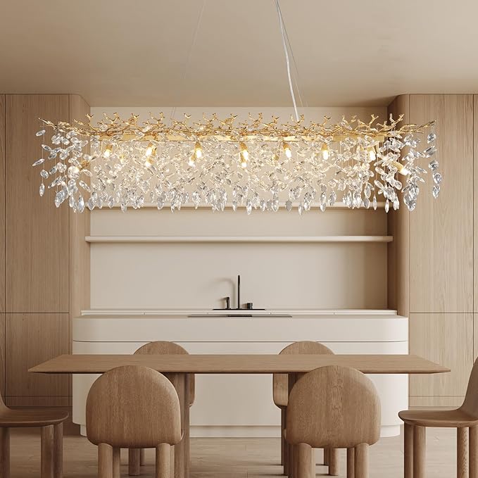 YUYI Modern Crystal Chandelier, 60" Gold Tree Branch Chandelier, 16-Light Rectangular Chandeliers for Dining Room, Kitchen Island, Living Room, Luxury Top K9 Crystal Raindrop Light Fixture - Upgraded
