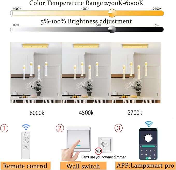 4-Light Crystal Column Chandelier Crystal Pendant Light Kitchen Island Modern Dimmable LED Ceiling Light for Dinning Room Living Room 32W Gold