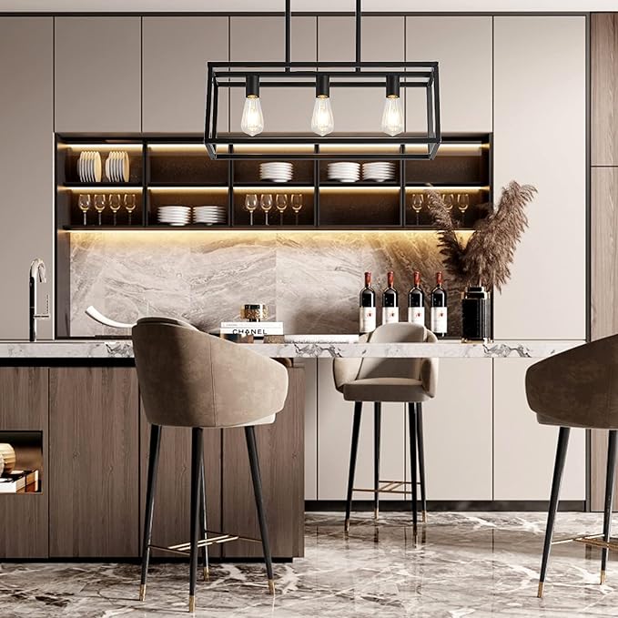XILICON Kitchen Island Lighting 3 Black Farmhouse Modern Linear Chandelier Industrial Dining Room Rectangular Light Fixtures for Living Room Foyer Bar