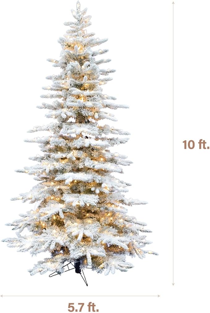 Fraser Hill Farm 10-Ft. Pine Valley Flocked Artificial Christmas Tree with White Incandescent Smart Lights and Stand, Prelit Foldable Fake Tree with Realistic Snowy Foliage for Home Decoration