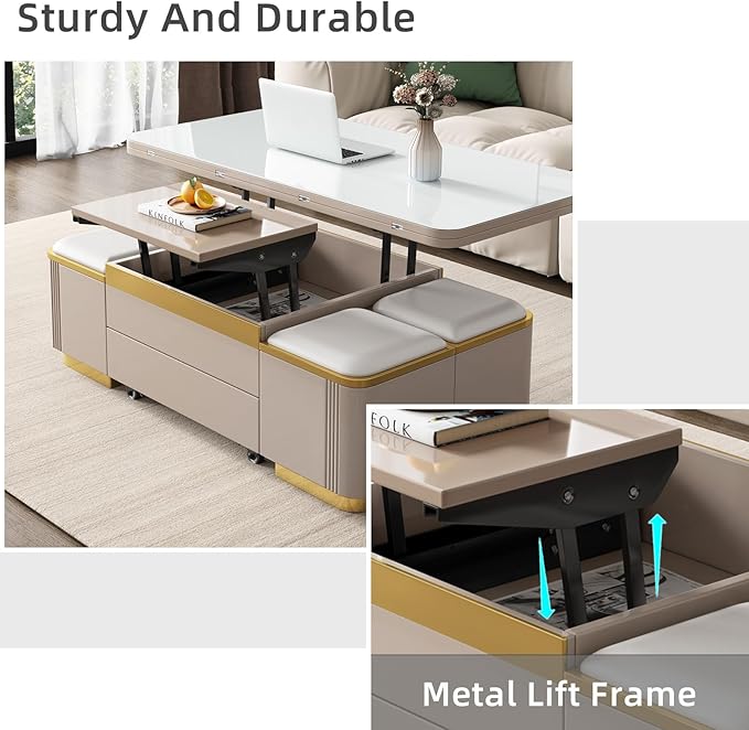 Lift Top Coffee Table with 4 Storage Stools for Living Room, Modern Stylish Convertible Dining Table for 4-6 People, 3 in 1 Multi-Functional Coffee Table, Easy Assembly- White
