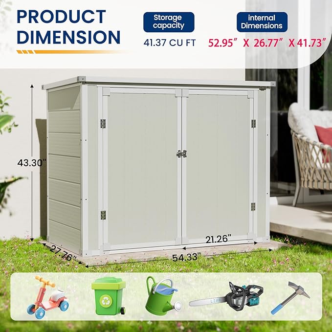 Amopatio 41 Cu Ft Horizontal Outdoor Storage Shed, Resin Trash Can Storage Weather Resistance, Garbage Can Shed for Garden Tools, Lawn Mowers, Garbage Cans, Patio Use, Grey