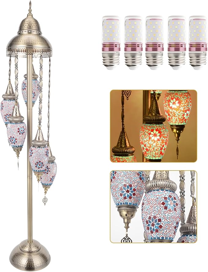 Turkish Floor Lamp, 154CM Moroccan Bohemian Style Living Room Decor, Handcrafted Mosaic Metal Base, Includes 5 Olive Shape Lampshades (XGL Floor-04)