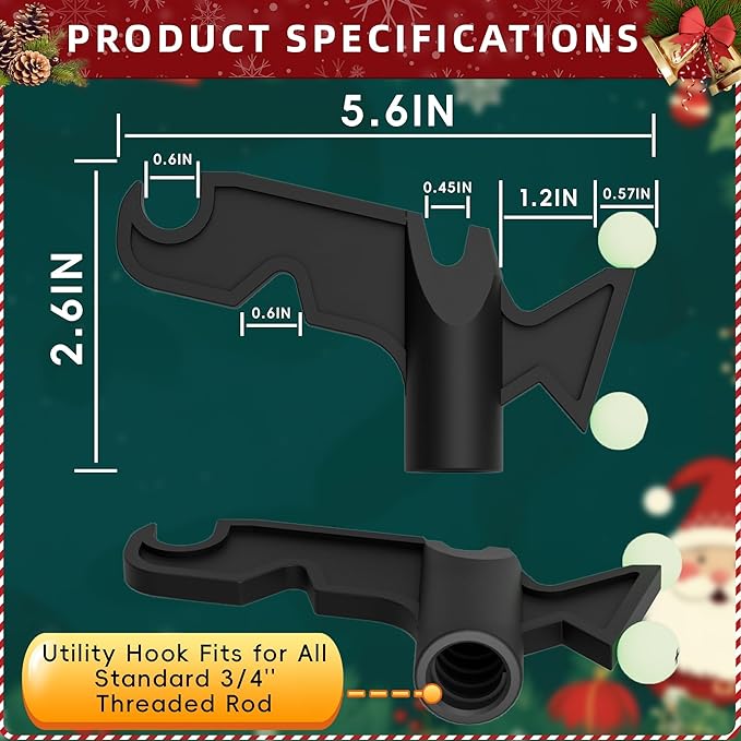Christmas Light Hanger Tool Attachment, Utility Hook Screw On Pole Attachment (Pole NOT Included, Fits on 3/4 inch Acme Thread) Multi-Purpose Installation, String Lights, Birdfeeders