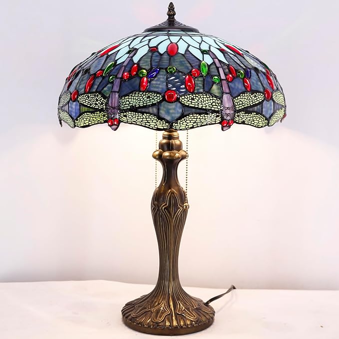 WERFACTORY Tiffany Style Table Lamp Blue Stained Glass Dragonfly Bedside Desk Reading Light Metal Base 16X16X24 Inches Decor Bedroom Living Room Home Office S004 Series