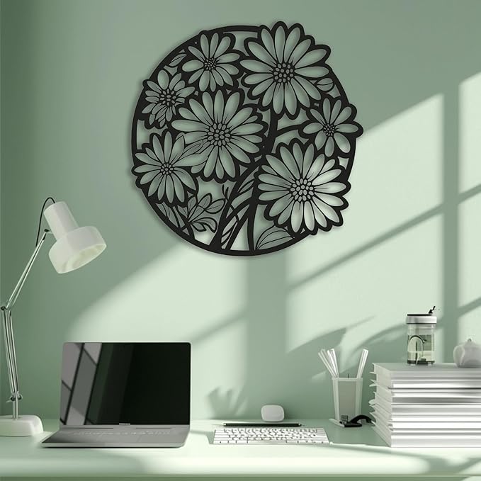 XXQ Metal Wall Art Decor, Daisy Flower Metal Wall Art Sculpture for Indoor Outdoor Line Wall Art for Bedroom Living Room and Kitchen (White, 24" x 24" / 60 x 60cm)