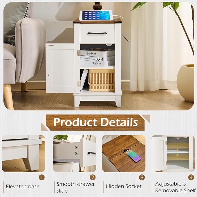 EROMMY Farmhouse End Table with Charging Station, Narrow Side Table for Living Room, Nightstand with Drawer and Storage Cabinet, Adjustable Shelf, White