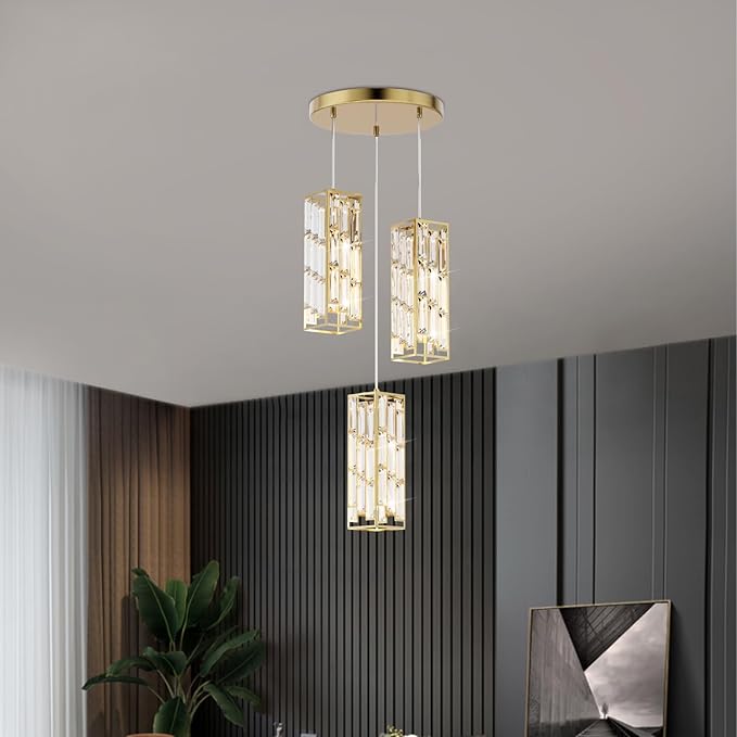 3-Light Brass Pendant Lights Modern Pendant Light Fixture, Mini Crystal Pendant Ceiling Light, Pendant Light for Kitchen Island, Dinning Room, Bedroom, Kitchen Sink Lighting (3 Lights)